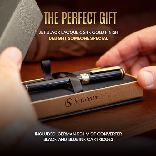 Image of Scriveiner Black Lacquer Fountain Pen - Stunning Award-Winning Luxury Pen, Schmidt Nib (Medium), Best Pen Gift Set for Men & Women, Professional, Executive, Office, Nice Pens