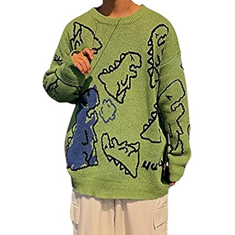 Aelfric Eden Mens Dinosaur Print Sweaters Unisex Oversized Jumper Long Sleeve Casual Sweater Retro Couple FashionTop Cover