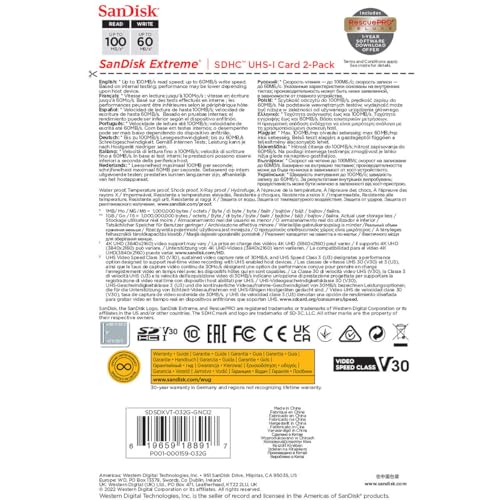 Image of SanDisk 32GB Extreme SDHC Cards (2-Pack) + RescuePRO Deluxe, up to 100MB /s, UHS-I, Class 10, U3, V30