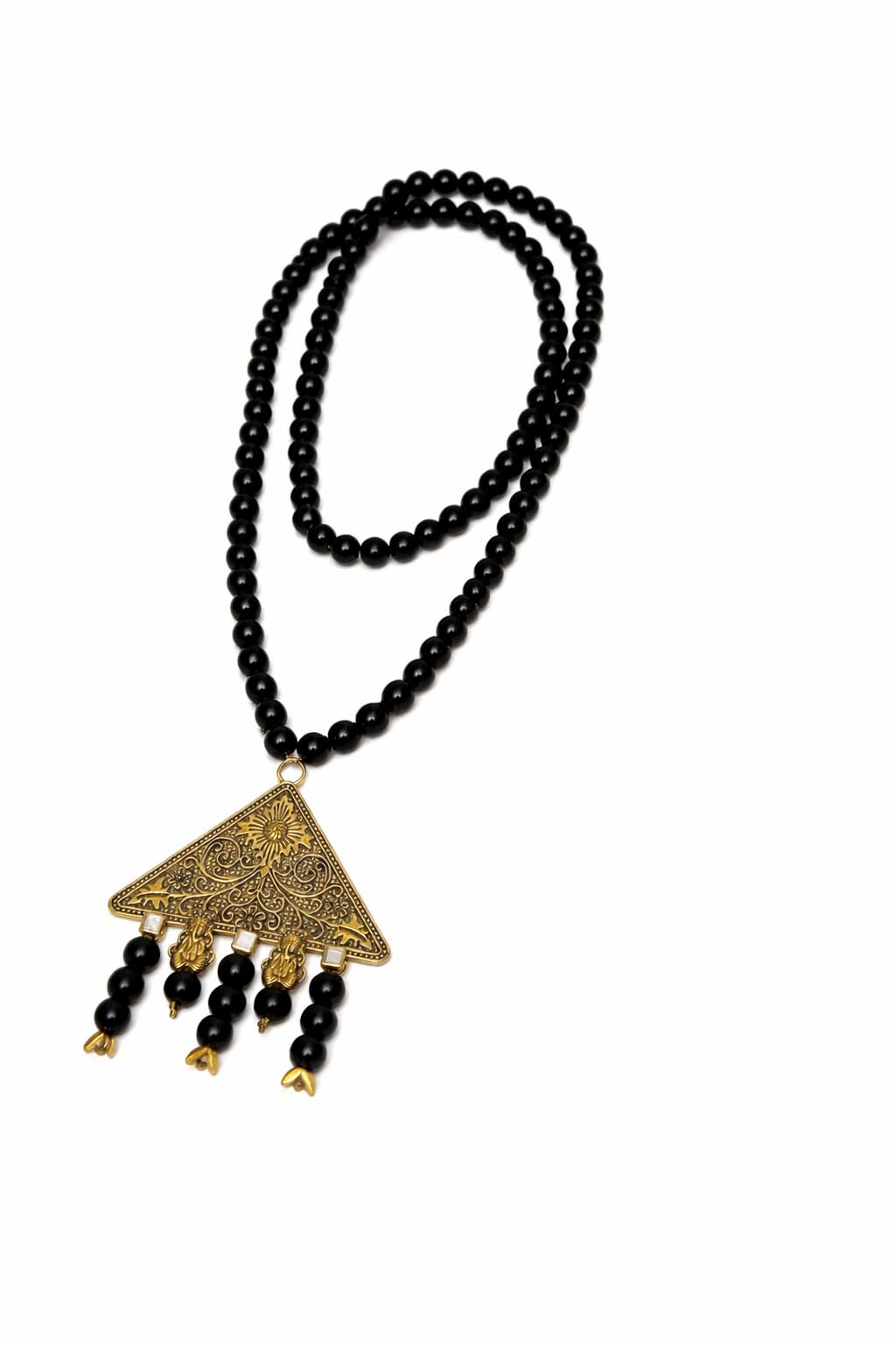 Black Beaded Necklace with Antique Gold Triangle Pendant, Ethnic Tassel Design, Traditional Indian Style-picture-11