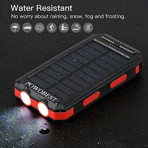 10000mAh Solar Power Bank, POWOBEST Portable Solar Panels with Flashlight & Compass Waterproof Solar Power Bank, Solar Phone Charger-