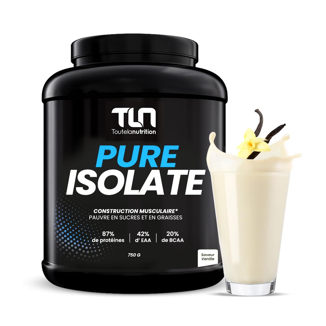 PURE ISOLATE | Isolat de protéines de Whey | Jusqu’à 88% de Protéines | Riche en BCAA et Glutamine | Protéine Musculation Rapide | Texture Onctueuse Goût Vanille | Pauvre en Lactose | 750g | TLN