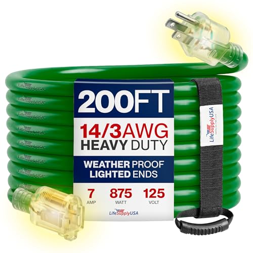 200ft Outdoor/Indoor Extension Cord 14/3 Gauge Heavy Duty 3 Prong SJTW Waterproof Flexible Cold-Resistant Long Power Cord 7A 125V 875W Green by LifeSupplyUSA