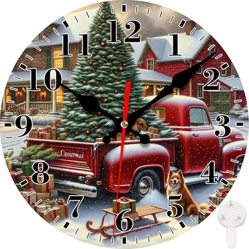 VURQLHE Wall Clock Vintage Red Pickup Silent Non Ticking Battery Operated Round Decorative Indoor Outdoor Clocks for Living Room Kitchen Bedroom Bathroom Patio 12