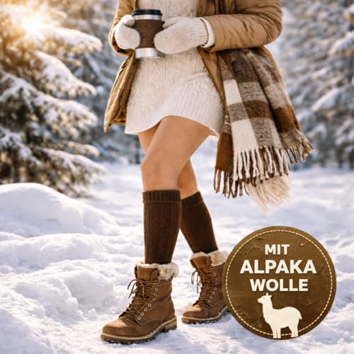 MOUNTREX Kniestrümpfe - Alpaka Socken, Wollsocken für Damen, Herren - Warme Kuschelsocken - 2 Paar, Beige/Braun (Kniestrümpfe), 39-42