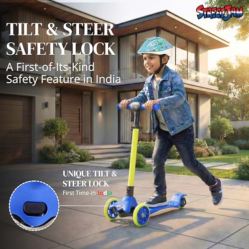 Image of STREETJAM Komiks Kids Kick Scooter for 3-12 Years, Tilt & Turn Safety Lock (1st Time in India), BIS Approved, Lean-to-Steer, Wide Deck, Adjustable Height, Up to 35 kg Load (Blue with Golden Yellow)