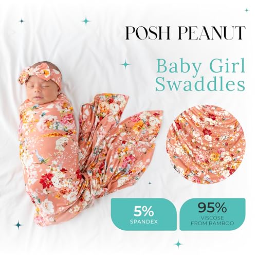 Image of Posh Peanut Swaddle Blanket & Headband Set - Viscose from Bamboo Stretchy Baby Swaddle for Newborn Girls, Receiving Blanket or Nursing Cover