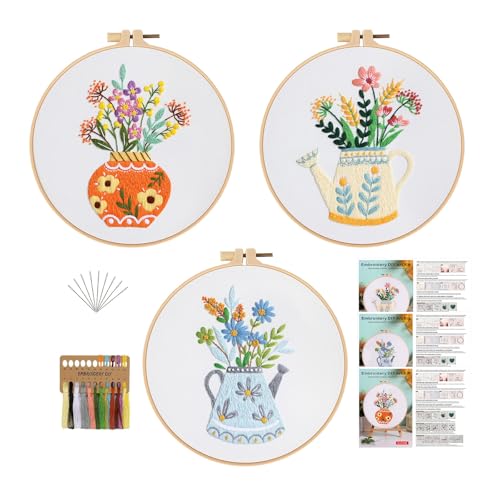 Image of GLTAYLMY 3pcs Embroidery Starter Kit with Vase Pattern, Stamped Cross Stitch Kits for Beginners Adults with Embroidery Hoop and Instructions, Hand Embroidery Kit