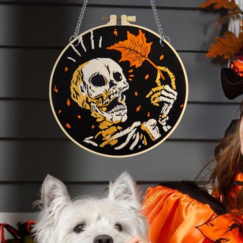 Image of Crafmanoe Halloween Gothic Embroidery Starter Kit for Beginners Adults, Skull Skeleton Stamped Cross Stitch Kits for Beginners Adults, Funny Fall Hand Embroidery Needlepoint Kits with Video Tutorial