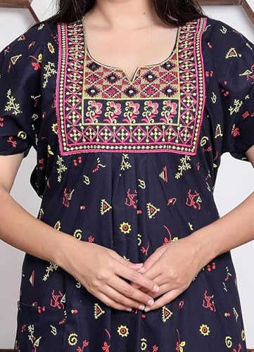 Image of DIAMO Pure Cotton Embroidery Nighty for Women, Cotton Night Gown, Night Maxi Gown, Cotton Nighty with a Pocket and Adjustable Knot