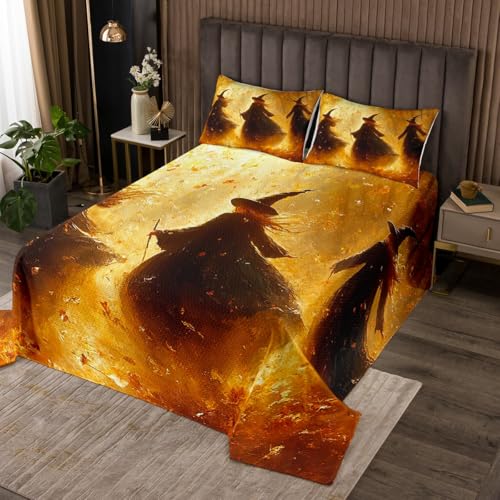 Erosebridal Halloween Decorations Quilt Set Three Witches Magical Coverlet Set Set King Size for Boys Girls Kids Happy Fall Autumn Magical Witches Bedspread Set Horror Halloween Decor Bed Set