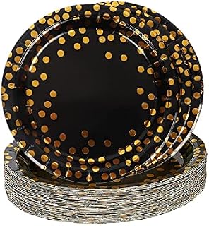 VReder Polka White Gold Dot Party Paper Plates, 9inch Large Disposable Paper Plates Party Tableware Dinnerware Supplies for Birthday, Weddings, Picnics, BBQ, Pack of 48