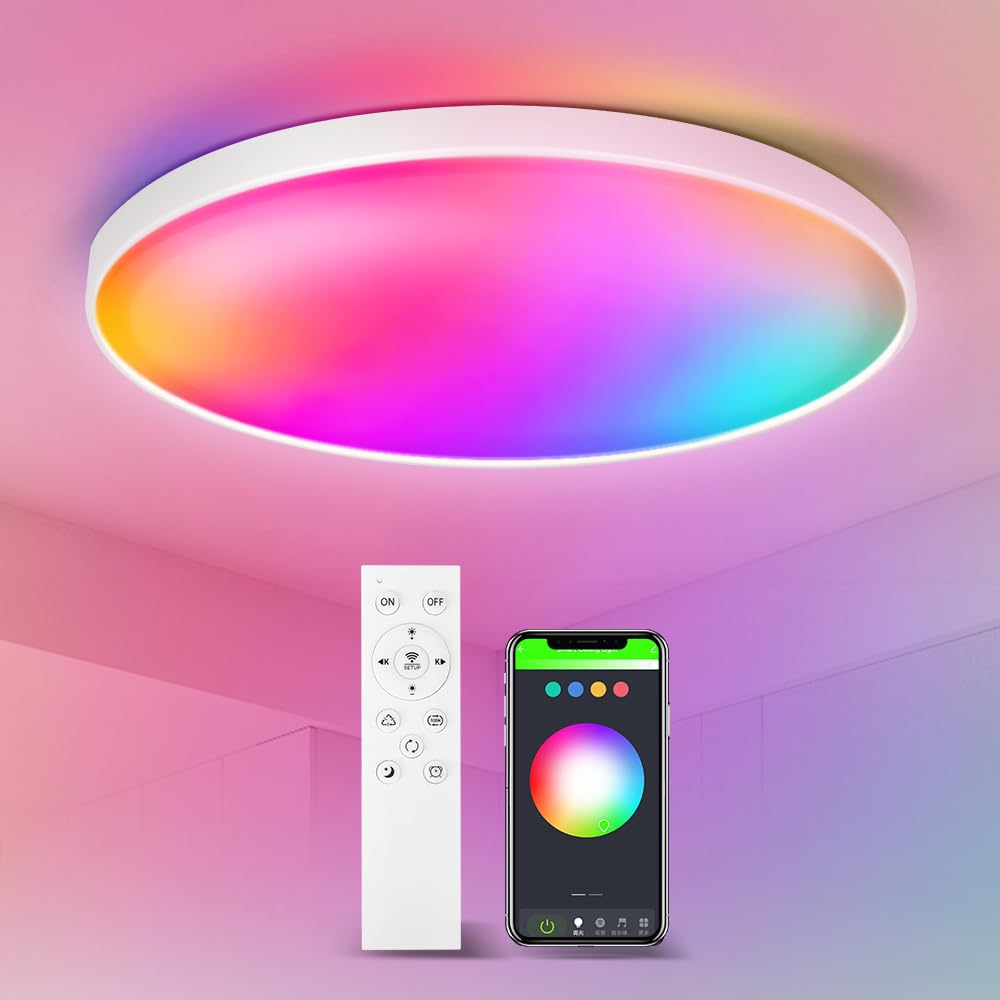 Chenben White-02 Smart Led Ceiling Light, 24W 12" Round Flush Mount With Remote Control, Ip44 Waterproof, Dimmable 3000-6500K Rgb Color Changing Light For Bedroom, Compatible With Alexa & Google Home