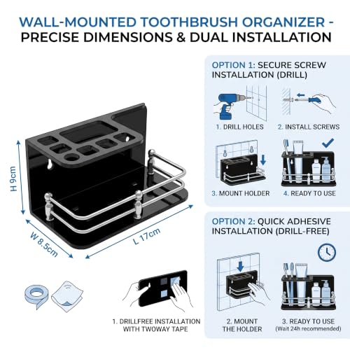 Image of self Adhesive Wall Mounted Acrylic Toothpaste Holder,Toothbrush Stand,Toothpaste Tubler for Bathroom Organizer Rack for Home(Black Acrylic) (Half S.S Black)
