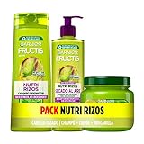 Garnier Fructis, Pack Champú, Acondicionador y Crema sin Aclarado para Pelo Rizado u Ondulado, con Aceite de Pistacho y Pectina de Fruta, Set de 3 Productos