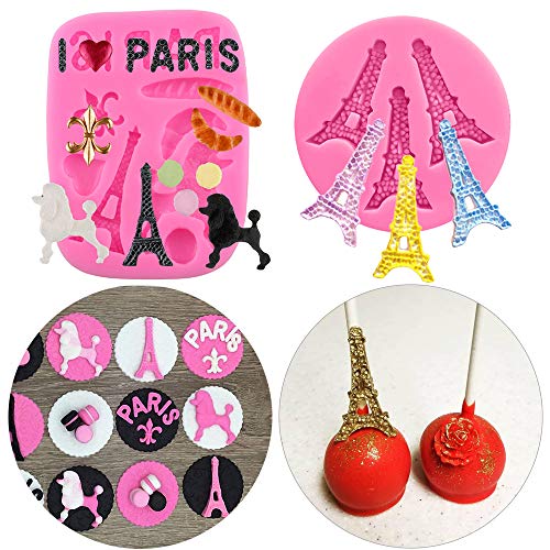 2PcsSet Mini Size I Love Paris Fondant Molds Eiffel Tower Poodle Silicone Fondant Mold for Cake Cupcake Sweet Treats Decorating Sugar Craft Gum Paste Chocolate Candy Polymer Clay Resin Mold