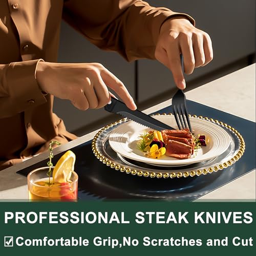 Image of EWFEN 24-Piece Black Silverware Set with Steak Knives, Black Flatware Set for 4, Food-Grade Stainless Steel Tableware Cutlery Set, Mirror Finished Utensil Sets for Home Restaurant, Pearled Edge