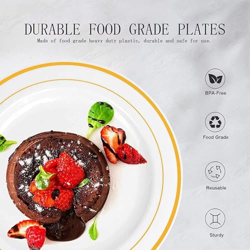 Gikisla 25 Pieces Plastic Plates, White & Gold Rimmed Reusable Plates Premium Heavy Duty - Image 2