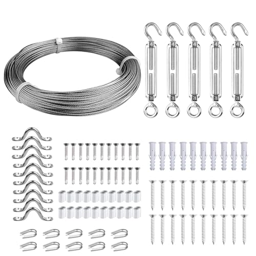 FSHIHINE Drahtseil Edelstahl 1.5mm, 60 m Stahlseil mit Spannschloss Seilspanner Edelstahl M4, Seilspanngarnitur für Wäscheleine, Gardinenseil Kletterpflanzen, Bilderaufhängung, Lichter Hängen