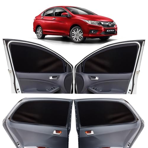 Image of OTO2EYE Car Sun Shade Compatible for Honda City Model-2017-2019, Z-Black Super Magnetic Grip, Front Window Zipper, Side Window Curtains, 4 Pieces Set