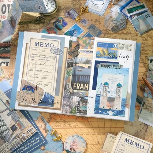 Image of The AutoStory World Trip Scrapbook Kit A6 Junk Journal Map Stickers Tourist Decorative Papers Washi Tape DIY Craft Art Keepsake Vacation Memory Book Decor Present Men (Global Travel, Blue)