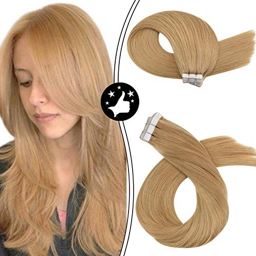 Tape in Extensions Human Hair Moresoo Hair Extensions Tape in 16 Inch Real Remy Human Hair Extensions #27 Caramel Blonde Hair Extensions Tape in Extensions Seamless Glue on Human Hair 20PCS/50Gram