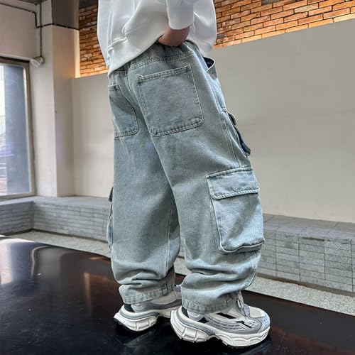 Boys Baggy 𝐘2k Cargo Pants Wide Leg High Elastic Waist Jeans Teen Casual 𝐇ip Hop Streetwears with Multi Pokets3
