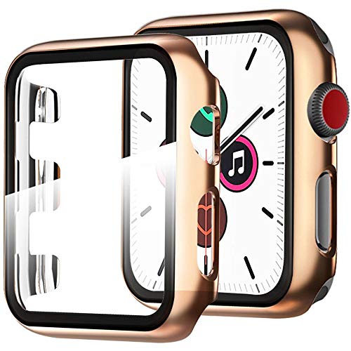 Miimall Compatible avec Apple Watch Série 1/2/3 38mm Coque, [Couverture Complet] Anti-Rayure Verre Trempé Protection Écran + PC Bumper Protecteur Étui pour iWatch Série 1/2/3 38mm -Rosé Or