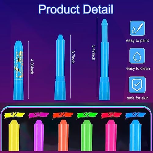 12 Pieces Glow Blacklight Face & Body Paint Makeup, Glow in The Dark Face Painting Kit Neon Paint Sticks for Kids Adult Halloween Glow Party3