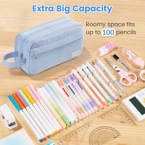 Image of Sooez High Capacity Pencil Case, Soft Corduroy Pencil Pouch with 4 Compartments, Multiple Pockets, Large Bag with Sturdy Zipper, Cute Case Pouch Organizer for Student Teen Girls, Yellow