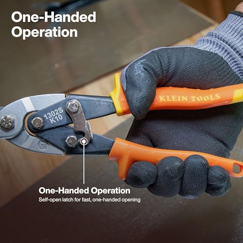 Image of Klein Tools 1302S Aviation Tin Snips, Straight, Long Cut, Heavy Duty Metal Cutting Shears with Forged Steel Blade