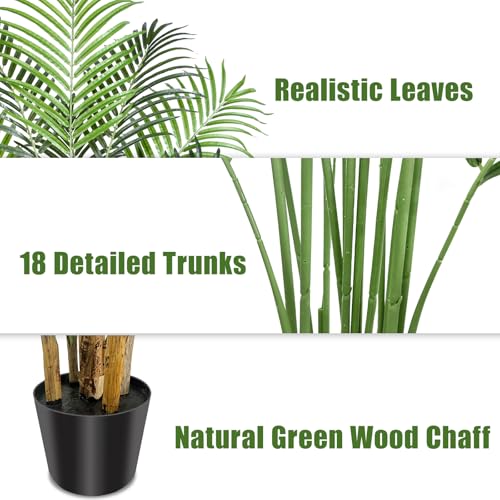 Image of 7ft Artificial Palm Tree - 210cm Tall Fake Areca Palm Plant with 18 Leaves and Realistic Bark Design - Faux Tropical Plants with Pot Perfect for Indoor Home, Living Room, or Bedroom Decor