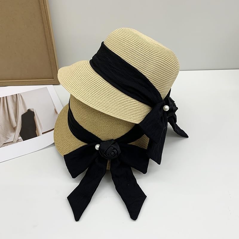 Sombrero de Paja para Mujer - Visera Ajustable de ala Ancha con Lazo Floral y Perla - Protección UV - Cómodo y Transpirable Playa y Actividades Al Aire Libre