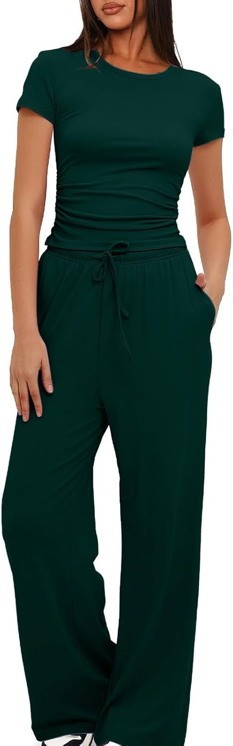 Lounge Sets for Women 2 Two Piece Matching Workout Sweatsuit Airport Travel Outfit Tracksuit Pants Ruching Crop Top Sets - Image 4