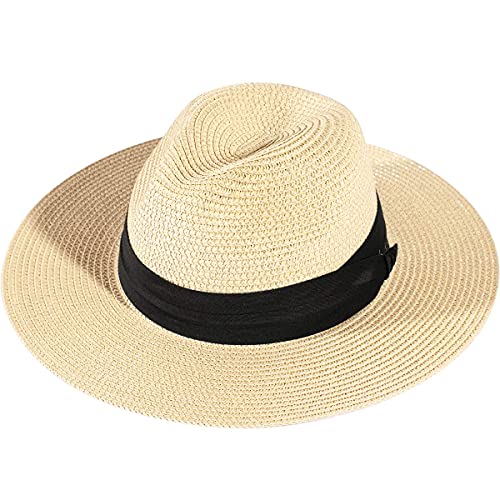 Women Sun Hat Summer Panama Straw Hat Fedora Beach Hat For Men Wide Brim Uv Protection Hats Upf 50 With Chin Strap #TOP3