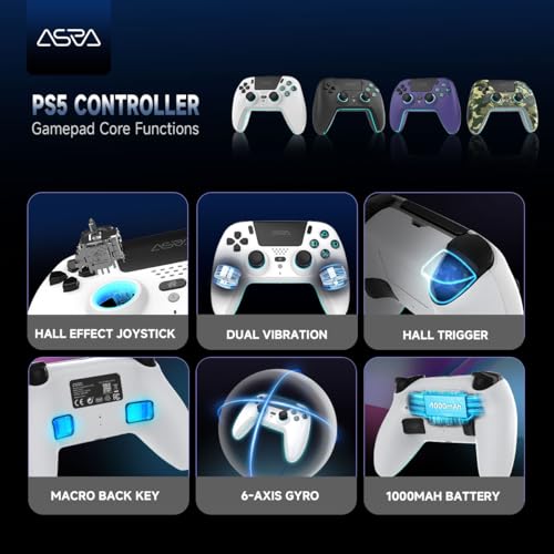 Image of ASRVA White Wireless Pro Controller for PS5, Hall Effect Joystick No Drift, 4 Back Paddles, Macro, Gyro, 1000mAh, RGB, Compatible with PS5 /Pro /Slim /PC /iOS /Android