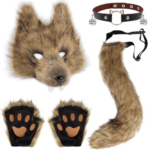 YAEGIMHT Wolf Kostüm Plüsch Karneval Kostüm Realistische Fuchs Maske aus Plüsch Flauschiger Fuchsschwanz Pfoten Handschuhe & Halsband mit Glöckchen Tierkostüm für Halloween Party Cosplay (Braun)