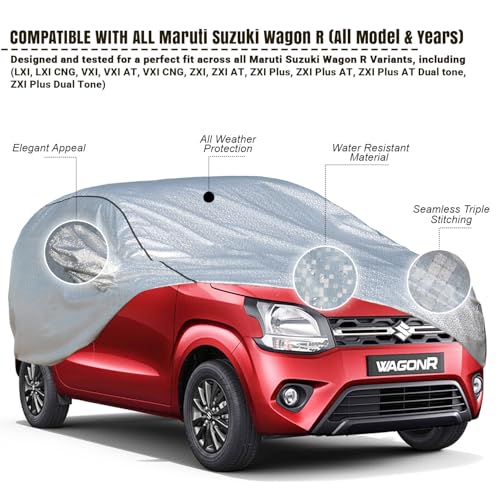 Image of Pivalo Car Cover for Maruti Wagon R All Model & Years (1999-2024) 100% Waterproof with Mirror Pockets, Triple Stitched Bottom Elastic Dustproof Full Body Protection (Heat & UV Resistant, Silver)