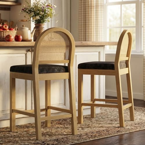 Image of STHOUYN Rattan Bar Stools Set of 2, Wooden Counter Height Stools with Natural Rattan Woven Back and Chenille Seat, Mid-Century Modern Island Chairs Barstools for Kitchen (2, Black)
