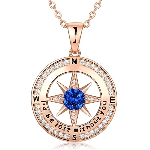 Compass Necklace Gifts for Women wife - S925 Sterling Silver Birthstone Necklaces for Women - Anniversary Birthday Gifts for Her Wife Girlfriend - Valentines Mom Mothers Day Christmas Gifts Jewelry for Women