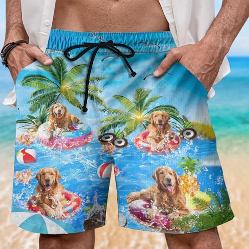 Dog Pool Party Mens Swim Trunks - Happy Dog Hawaiian Mens Shorts Casual - Summer Drawstring Beachwear Shorts PA922