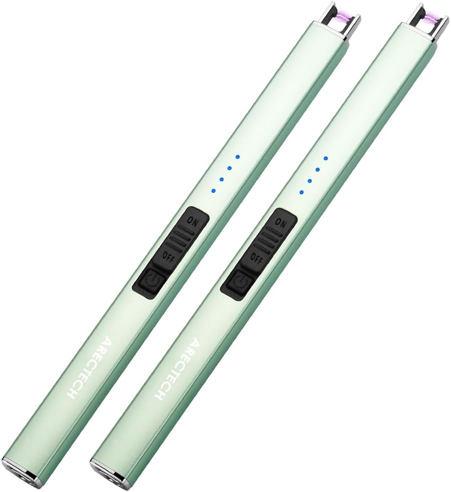 ARECTECH Electric Candle Lighter with Type-C Cable Birthday Gift for Man Women Wife Rechargeable Plasma Arc Lighters for Candle Camping Kitchen Stove Green 2 Pack