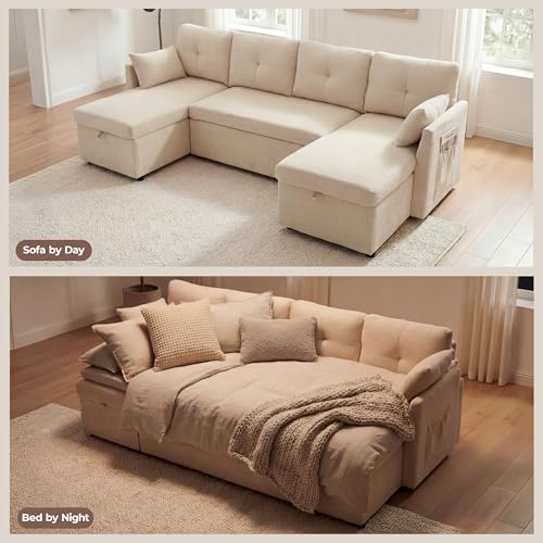 Image of Huatean Home Oversized Sleeper Sofa Couch, 100 inch 2 in 1 Pullout Couch Bed with Side Pockets for Living Room, Sectional Sleeper Sofa Bed with Double Storage Chaise, Beige