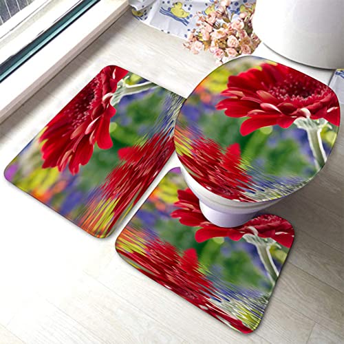 Badezimmerteppich-Set, 3-teilig, blühende rote Blumen und Spiegelung im Wasser, waschbare Badeteppiche, rutschfest, mit Rückenpolster, Konturteppich und Toilettendeckelbezug