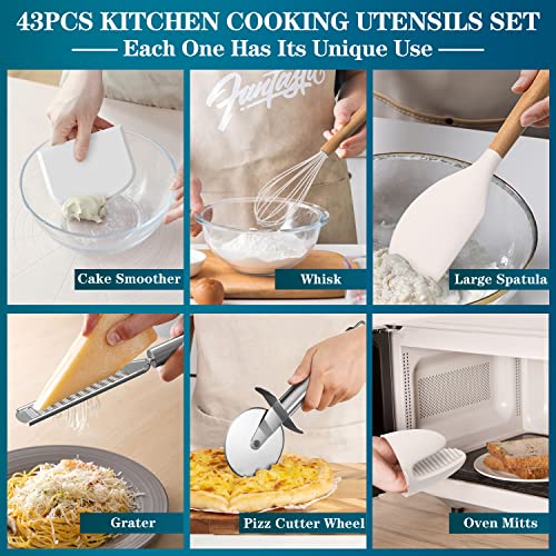 Silicone Cooking Utensils Set, 43Pcs Non-Stick Heat Resistant Kitchen Utensils Spatula Set With Wooden Handle For Baking, Cooking, And Mixing, Best Kitchen Gadgets Tools With Holder (White) #TOP5
