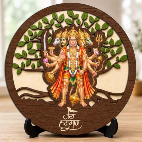 Image of Panchmukhi Hanuman Ji Premium Wooden God Idol for Indoor Temple, Living Room Shelf, Work Desk & Puja Decor - 5x5 Inch