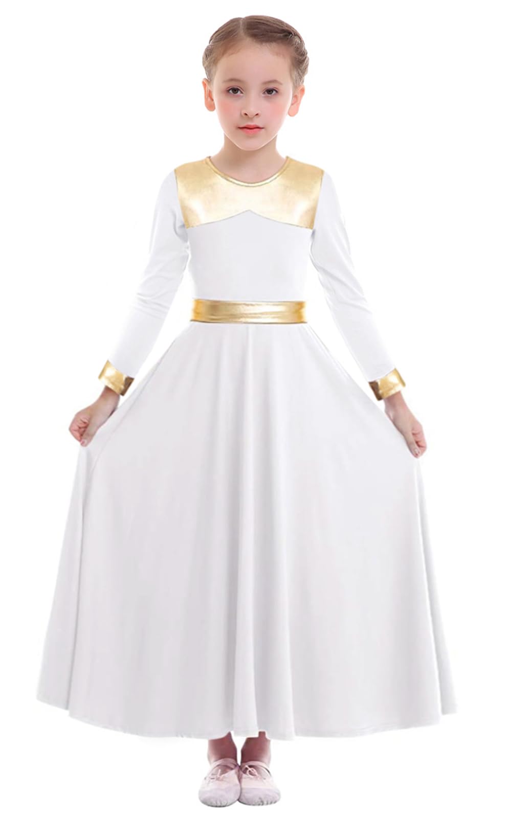 Z&X Girls Praise Dance Outfits Metallic Gold Liturgical Worship Church Robe Full Length Swing Skirt Costume