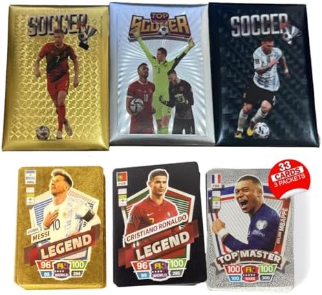 Soccer Trading Cards 2026-2027 | 33 Collectible Football Cards - 3 Packs for Fans & Players Black, Gold & Silver Soccer Mystery Cards Packs Random Cards in Each Set - Collect Them All - View 3