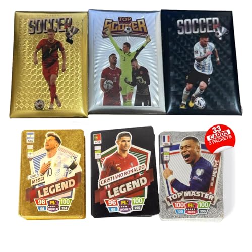 Soccer Trading Cards 2025-26 | 3 Packs - 33 Collectible Football Cards for Fans & Players Black, Gold & Silver Soccer Mystery Cards Packs Random Cards in Each Set - Collect Them All