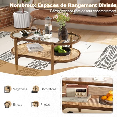 GIANTEX Table Basse en Verre et Bois de Massif, Table de Salon Ovale avec Rangement à 2 Niveaux, Plateau en Verre, Étagère en Rotin, 102 x 56 x 47 cm, pour Salon, Chambre, Appartement, Marron – Image 5